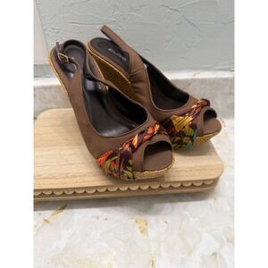 Pulse Brown Floral Peep Toe Slingback Wedge Heels Women's Size 6